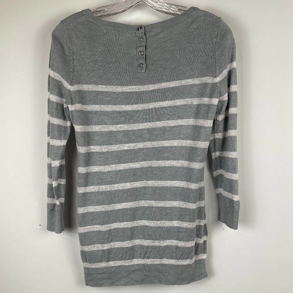 BANANA REPUBLIC S Gray Striped 3/4 Sleeve Linen Sweater - Picture 4 of 7